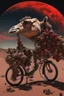 Placeholder: A weird abstract image of an oasis, a camel, astronot, broken bicycle, bush of black old roses, clear skies with red moon, army tanker, weird, chaos80, surrealism and objects doesn't make sense