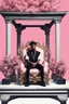 Placeholder: 21 savage siting on a throne whilst holding a samurai sword in his left hand infront of a pink bonsia tree