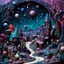 Placeholder: Detailed creepy landscape made of modeling clay, people, village, stars and planets, naïve, Tim Burton, strong texture, extreme detail, Max Ernst, decal, rich moody colors, sparkles, bokeh