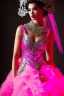 Placeholder: Portrait cyberpunk bride in skin-tight ornate neon pink dress with silver filigree, full body shot, full-color long shot