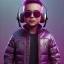 Placeholder: stylized Rabbit toddler, smiling, cyberpunk headphone, sunglass, gangsta neckless, full body, magenta puffer jacket, manila city background, dramatic lighting, hyper realistic, unreal engine 5, 16k