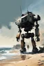 Placeholder: [Alex Maleev] Abandoned war robot wreckage on the beach, kids are approaching it from the beach in a small barque