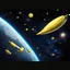 Placeholder: draw cartoon yellow banana with smile as starship flying in space.