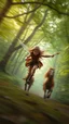 Placeholder: motion blur fast running caped long haired pixie Quickling - Forgotten Realms dodging arrow along winding branches in lush green forest along speeding horses , bokeh like f/0.8, tilt-shift lens 8k, high detail, smooth render, down-light, unreal engine, prize winning