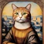 Placeholder: paint cat into a unique masterpiece in the likeness of the Mona Lisa featuring her enigmatic smile on the cat by artist Leonardo DaVinci. The cat is to. look like the Mona Lisa in this interpretation. Utilise crayons as the medium, capture the essence of DaVinci's iconic style.