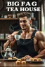 Placeholder: a young mechanic man with huge muscles and his top off enjoying high tea by himshelf with little cakes, with large title( BIG FAG TEA HOUSE)