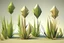 Placeholder: concept art of six low poly stylized alien dry single leaf tall grass on a neutral background. Strange fictional extraterrestrial flora with unusual shapes