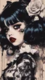 Placeholder: Poster in two gradually, a one side malevolent goth vampire girl face and other side the Singer Melanie Martinez face, full body, painting by Yoji Shinkawa, darkblue and sepia tones,