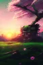 Placeholder: cyberpunk, falling cherry blossom, green fields, japanese, japan, neo-feudal post-apocalypse, sunset, HDR, high detail, 4d