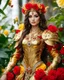 Placeholder: 📷💃 length image full body gorgeous pretty super model girl as beautiful queen,floras crown,high details photo of luxury golden armor color designed made of flora flowers🌹 colors orchids and red,yellow,details color roses 🌹she using accessories luxurious diamonds jewelrys, flowers,surrounded 🌿🌿🌿leaves,so many surrounding butterflies, pretty face beauty colors make up cosmetic,bigbusty,perfect body,green leaves flowers gardens background