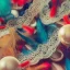 Placeholder: delicate arrangement of lace pearls and feathers, chiaroscuro, vivid colors, festive colors, dramatic lighting, beautiful composition, aesthetic layout