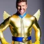 Placeholder: A superhero man with a sky blue spandex suit. He has a sky blue mask on, blue eyes, freckles, dimples, and curly dark brown hair. He's wearing gold boots and gold artist gloves with a white belt and has a gold M on his chest. His boots have small feathered wings on them, and his shoulders have shoulder pads. He is smiling