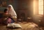 Placeholder: A close-up scene of an Arab mother reading the story from a book with her children around her in the room of the old wooden house near the fireplace 100 years ago.