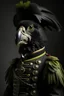 Placeholder: half parrot half human in a black 1700s military uniform