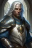 Placeholder: Please create an image for a 30-year old half-aasimar male with silver hair and blue eyes. He is a cleric of Selune, whose symbol should be placed on the cleric's shield, if visible in the image. The cleric should be wearing either medium or heavy armor, and carrying a warhammer or a mace and a shield