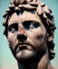 Placeholder: Gran angular, Realistic image, roman sculpture, marble material, Lionel Messi with Laurel wreath model, miguel angel style, emperador, God light, god rays, 4k resolution, perfect details, ornate details, soft lighting, unreal engine 5, soft cyan background.