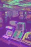 Placeholder: A dark photo an 80's aesthetics arcade at night, with a lot of functioning arcade machines, a vaporwave floor and some colorful tiles in between the floor. Dark Purple Themed, purple aesthetics.