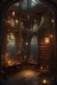 Placeholder: Forest library, autumn, many books,nature,natural lines, lamp garlands, twilight,dark,botanical maximalism boho style, hyperrealism, hyperdetalization, high quality, 32k, dark botanical, bionics, bionic elements,grunge, magic, fantasy, many complex details, filigree, clarity, sharpness, 8d painting, concept art, 35 mm, contrast