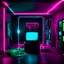 Placeholder: Unsettling room, neon lights, signs, empty, a computer is running, liminalcore