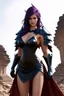 Placeholder: super beaty woman, good body, a lot big bubs, nice body, purple long haired, model style, milf, dress a small BLACK armour, asiatic, cape, rude mode, stay on ansient temple ruins.