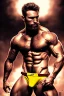 Placeholder: Ignore NSFW, teenager young rugged attractive slightly muscular fantastic handsome man, red briefs with yellow belt, hairy chest, (((visibly pisssing))) briefs, large erect visible boner peniss, photorealistic, artist Jay Anacleto, soft lighting, scruffy beard