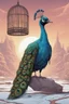 Placeholder: Surreal hat which is a bird cage with a giant peacock in it, surreal concept art, by Moebius, by George Grie, by Dan Mumford, concept art, hyperreal, cool complementary colors, unreal engine 5.