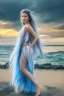 Placeholder: half body shot,realistic portrait of a 20-25 old caucasian model, long blue pink flowing hair, great grey eyes, blue leather jacket,full body, short white skirt,long legs,standing at beach of very nive lake with sunset ,clouds,godrayes