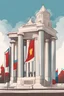 Placeholder: A clipart illustration for a childrens book; a stylized government building with pillars; a Lithuanian flag, a Latvian flag, an Estonian Flag, a Polish flag;