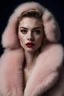 Placeholder: Minimalistic portrait of a beautiful woman with red lips and cold big eyes wearing earrings, a light pink fur coat in a haute couture style isolated on a dark background, cinematic lighting, ultra-realistic, shot in the style of hasselblad