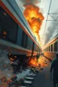 Placeholder: A modern fast train collided with another train causing chaos and fire people are dying in dramatic action view with oil paintings style of hard brush and high quality picture with high resolution 8k