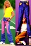 Placeholder: year 1996 denim fashion. Loose fit, low waist, baggy. Colors: denim blue, blue, purple, khaki, light green, lilac, plum, orange, terracotta, red, light yellow, lion yellow, pink, dark blue, beige. Women models. Jennifer Lopez, Kate Moss, Gwyneth Paltrow. Big tennis shoes on.