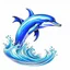 Placeholder: realistic drawing of a dolphin. Blue dolphin, jumping in waves.