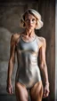 Placeholder: beautiful anorexic woman, total shot, short grey metallic triathlon swimsuit, short blond wavy bob hair, blurred concrete background