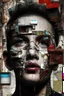 Placeholder: Ultra detailed medium portrait painting of close-up disturbed person looking into the camera lens , torn up collage of clippings, broken circuitry background, matrix effects, punk visual art, punk art aesthetic, graffiti art, pop surrealism, collage art, cluttered paint glitches