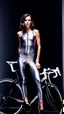 Placeholder: photography of a beautiful anorexic woman, grey satin triathlon top, brunette wavy bob haircut, flat chest, grey satin cycling leggins