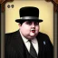 Placeholder: A portrait of a 1930s Italian-American businessman in his late 20s with a black bowler hat and a suit. He is obese and has black hair