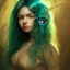 Placeholder: alien girl, cute, beautiful, long hair, curly hair, black hair, slim body, brown eyes, big eyes, green skin, turquoise dress, head and shoulders portrait, fantasy, 8k resolution concept art portrait by Greg Rutkowski, Artgerm, WLOP, Alphonse Mucha dynamic lighting hyperdetailed intricately detailed