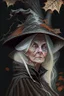 Placeholder: Old White-haired Witchery Witch in her pointed hat ready for the Coven in rusty autumn leaves and silver cobwebs. with burnished browns and abyss black.