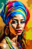 Placeholder: Portrait of Arabic woman in colourful turban on the desert painted in picasso style