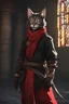 Placeholder: Realistic Medieval young Tabaxi male, traditional monk clothes with messy spiky hair, wearing a bright red scarf, the background is a Monastery. Tabaxi fur is dark black. with dark amber eyes. Art style from Final fantasy 14