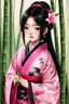 Placeholder: Cute Japanese girl, with pink eyes, dressed in her pink kimono and a black haori, black long hair with reddish tips, a piece of bamboo covering her mouth