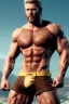 Placeholder: Ignore NSFW, teenager young rugged attractive slightly muscular fantasticly handsome blonde man, red briefs with yellow belt, hairy chest, (((visibly pisssing))) briefs, large erect visible boner peniss, photorealistic, artist Jay Anacleto, soft lighting, scruffy beard