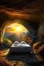 Placeholder: Imagine a surreal landscape at sunrise with a cave tomb in the side of the hill with two winged angels guarding it and a stone slab rolled back from the entrance. Inside the cave you can see a shroud folded neatly on the bed where a body would lay. Through an opening in the cave wall you can see the sunrise and two winged angels