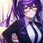 Placeholder: Clear focus, 8k, high quality, detailed, beautiful lighting, girl, vibrant colors, purple long hair, vibrant golden eyes, office clothes, black glasses, messy hair, beautiful eyelashes, ponytail,