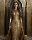 Placeholder: Photography,girl,full body,standing looking front view,brown long hair, long gown dress mechanical,delicate gold ,black morroco caftan and full diamonds colors crystal jewelrys,silver metalic parts, golden parts, intricate armor, detailed part,Movie Still