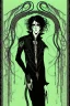 Placeholder: black haired young man necromancer wizard with gothic jewelry and tentacle fingers in the style of Harry Clarke