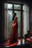 Placeholder: inspired by all the works of art in the world - a really beautiful brunette woman in a red night gown is in my bedroom looking out the window, Absolute Reality, Reality engine, Realistic stock photo 1080p, 32k UHD, Hyper realistic, photorealistic, well-shaped, perfect figure,