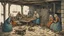 Placeholder: The fisherman is having dinner and a fish meal inside his poor house with his wife and three daughters in the Middle Ages