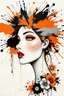 Placeholder: A stylized portrait of a female face in profile, featuring striking orange, black, and gray splashes of paint that radiate from the head, resembling an explosion of color. The subject has large, expressive golden eyes and a smooth complexion, accented by bold red lips. Abstract elements, including splatters and floral motifs, blend seamlessly with the face, creating a dynamic and contemporary artwork against a plain white background.