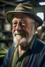 Placeholder: Un retrato de un anciano con un sombrero de pesca y lentes oscuros en un taller mecánico